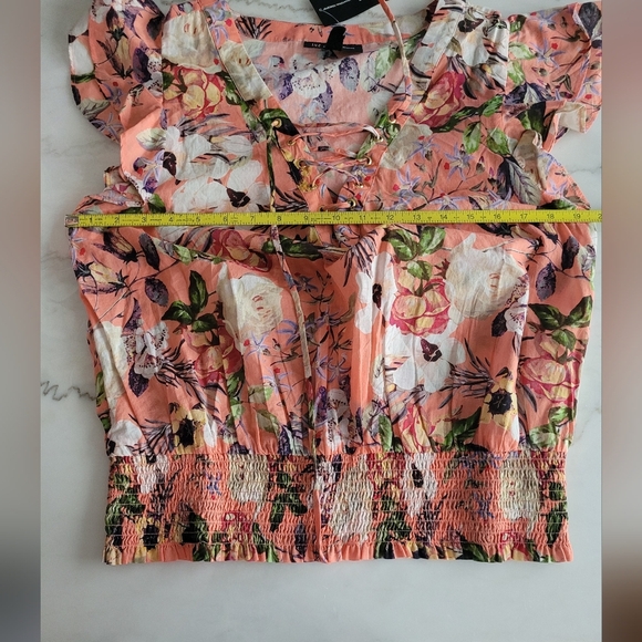 INC Smocked 100% Cotton Blossom Floral Ruffled Peach Blouse Size Large - Picture 8 of 13